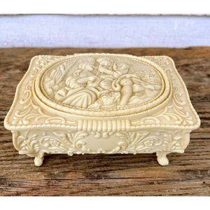 Vintage 1940s Molded Celluloid Footed Jewelry Box Victorian Couple